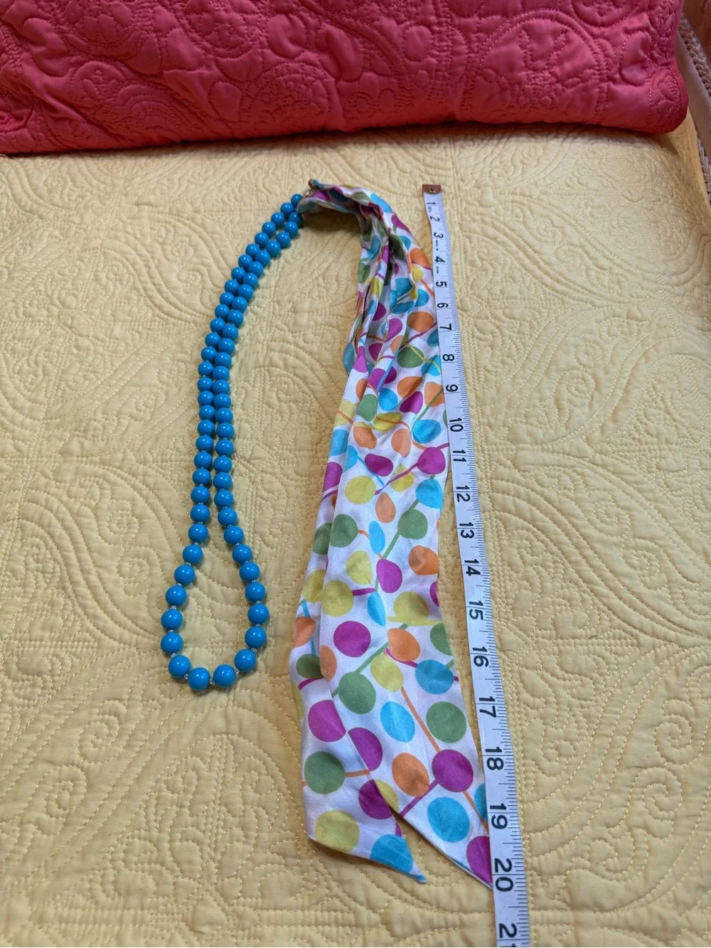 Talbots Blue Beaded Belt with Multicolor Polka Dot Silk Scarf